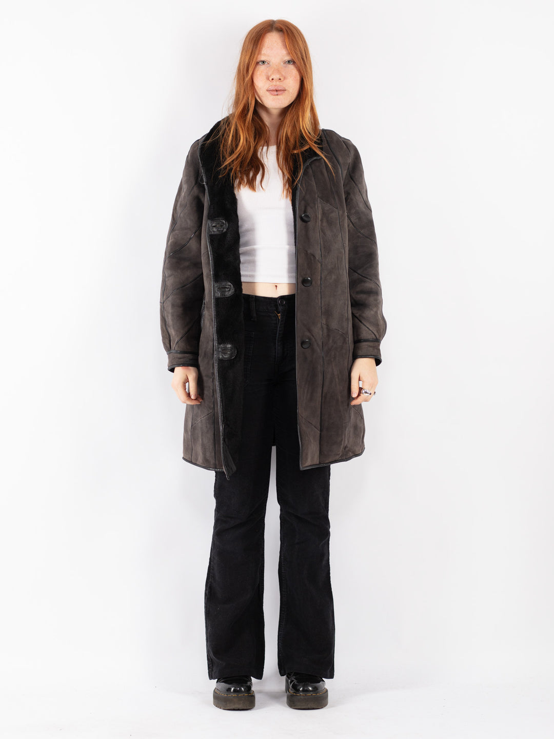 Vintage 80's Women Sheepskin Coat in Gray