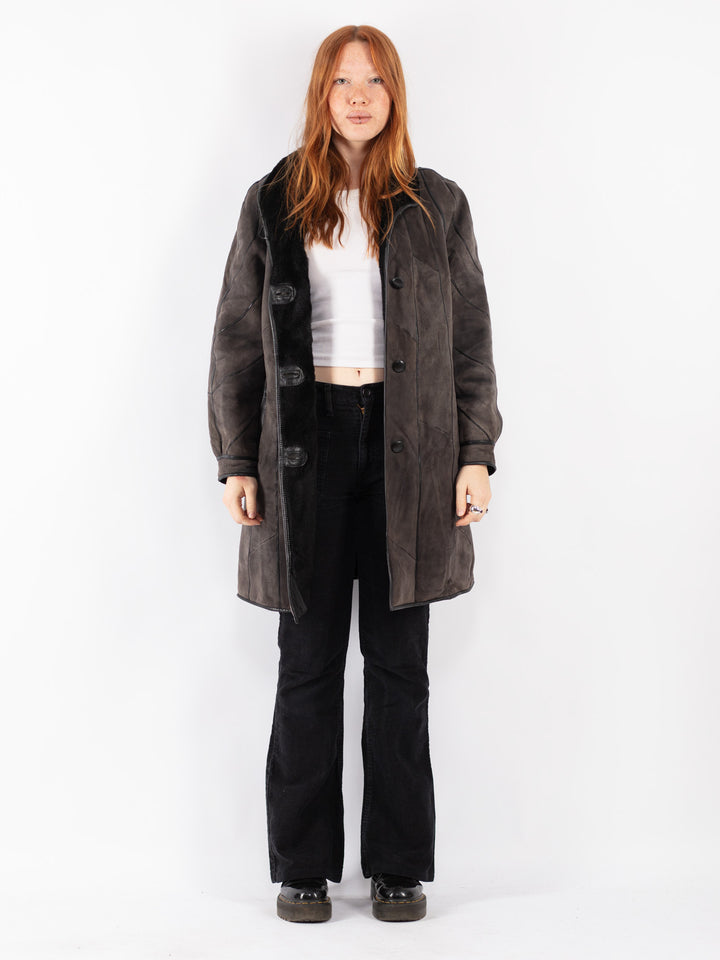Vintage 80's Women Sheepskin Coat in Gray