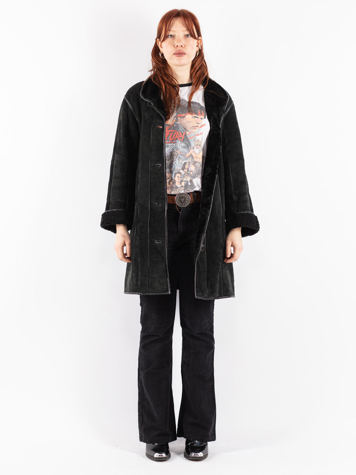 Vintage 80's Women Sheepskin Coat in Black