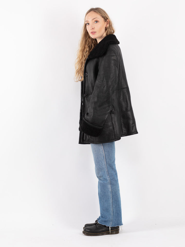 Vintage 80's Women Sheepskin Coat in Black