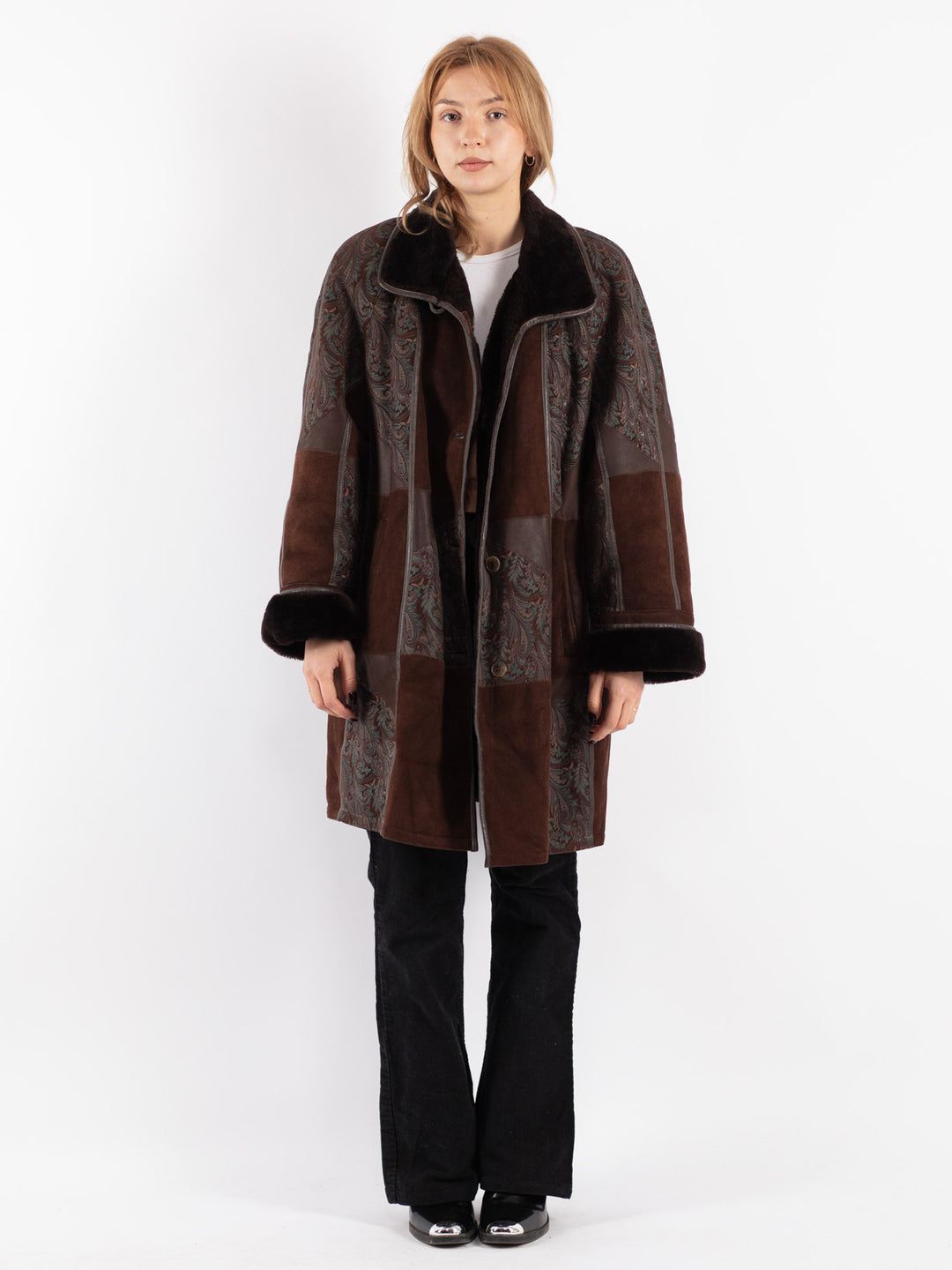 Vintage 80's Women Sheepskin Shearling Coat in Brown
