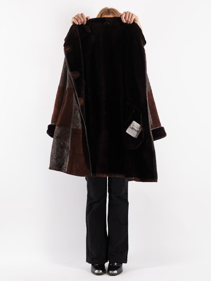 Vintage 80's Women Sheepskin Shearling Coat in Brown