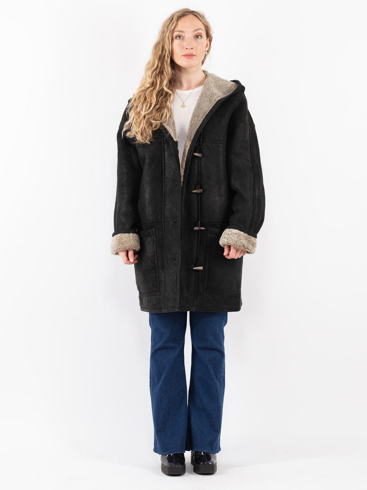 Vintage 80's Women Sheepskin Coat in Black