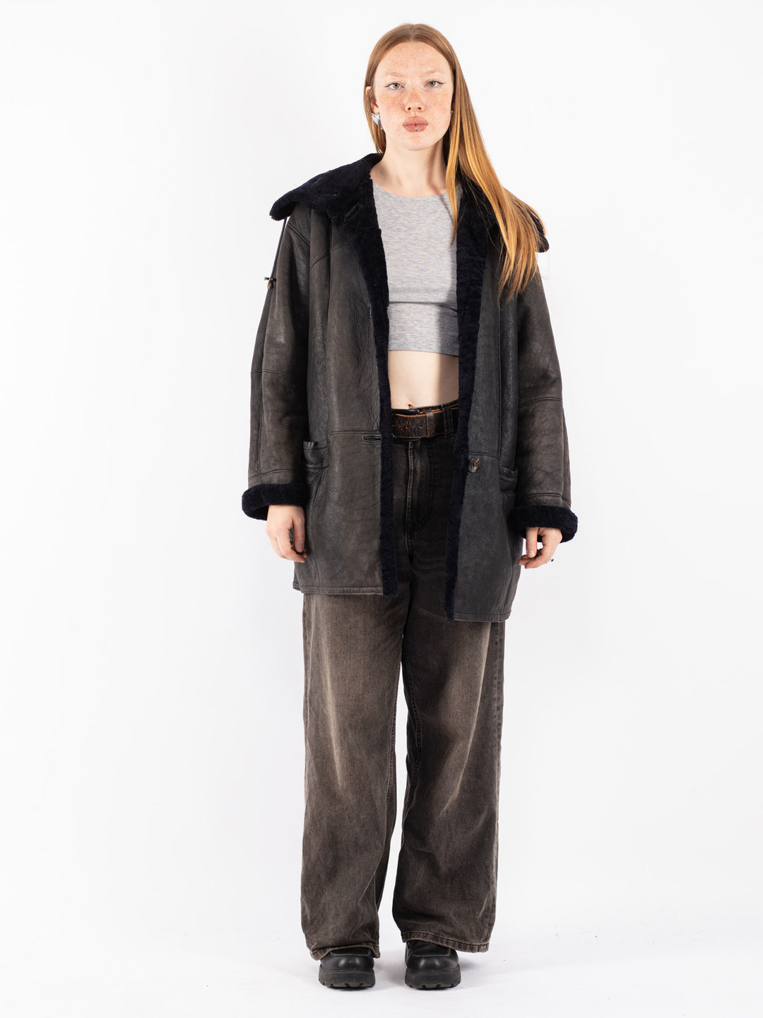 Vintage 80's Women Sheepskin Coat in Blue