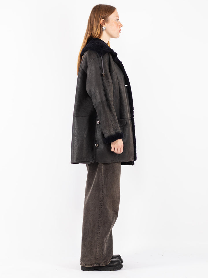 Vintage 80's Women Sheepskin Coat in Blue