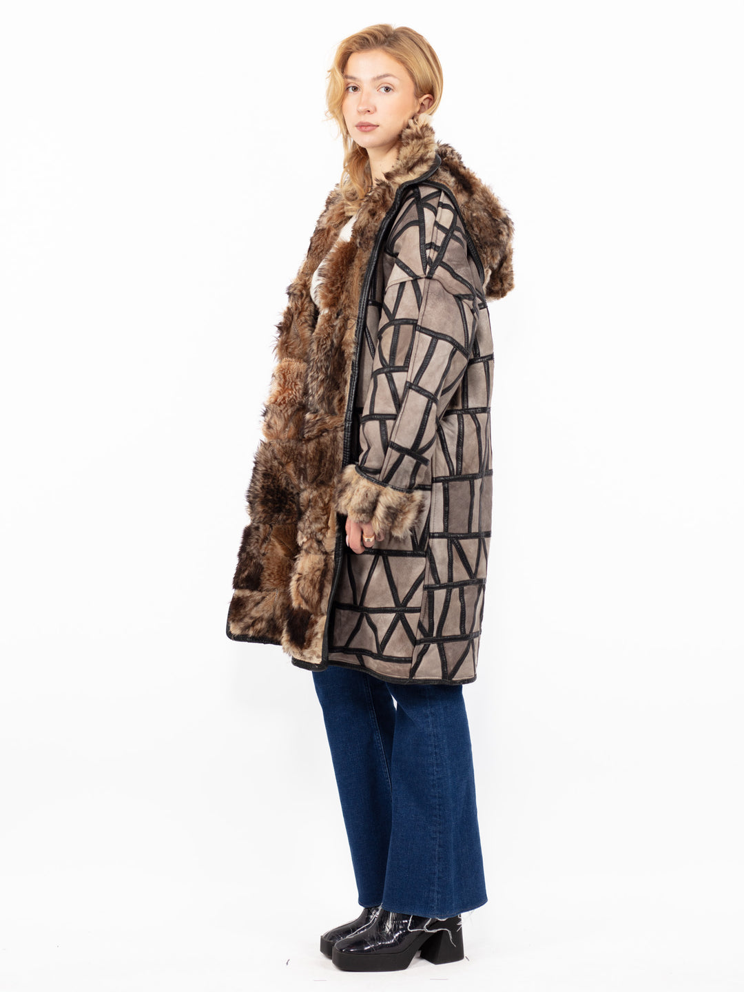 Vintage 80's Women Sheepskin Coat in GrayA0845