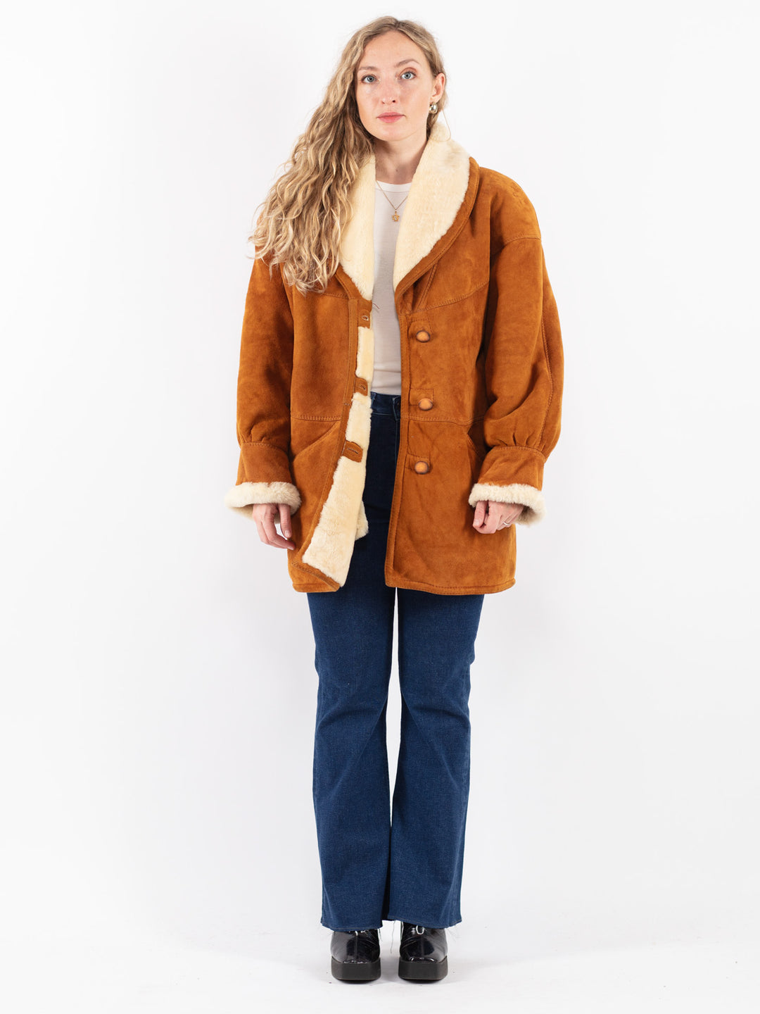 Vintage 80's Women Sheepskin Shearling Coat in Brown