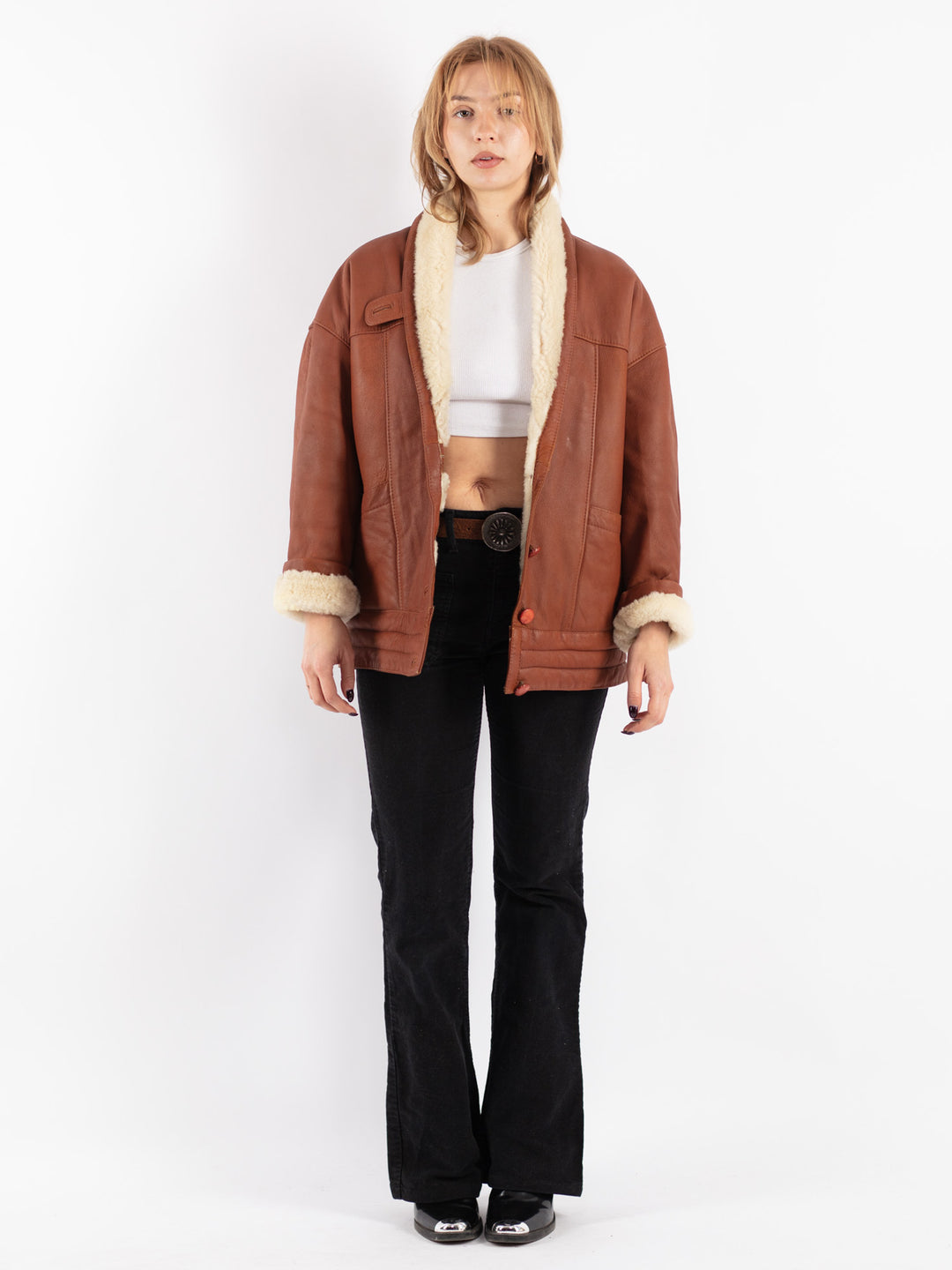 Vintage 80's Women Sheepskin Shearling Coat in Brown