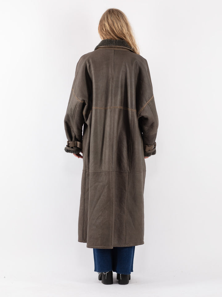 Vintage 80's Women Sheepskin Shearling Coat in Green