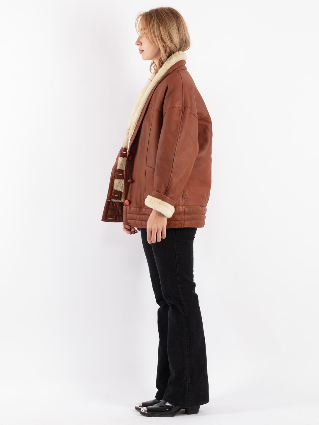 Vintage 80's Women Sheepskin Shearling Coat in Brown