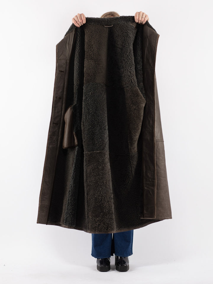 Vintage 80's Women Sheepskin Shearling Coat in Green