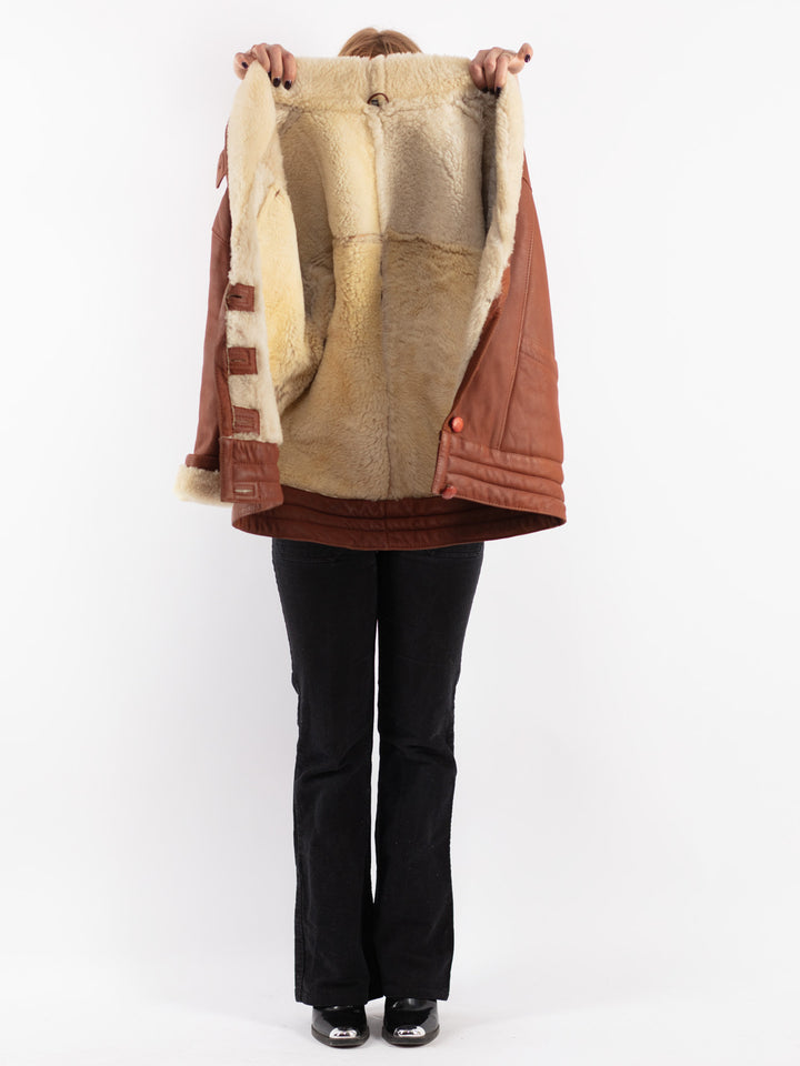 Vintage 80's Women Sheepskin Shearling Coat in Brown