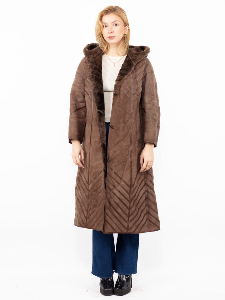 Vintage 80's Women Hooded Sheepskin Long Coat in Brown