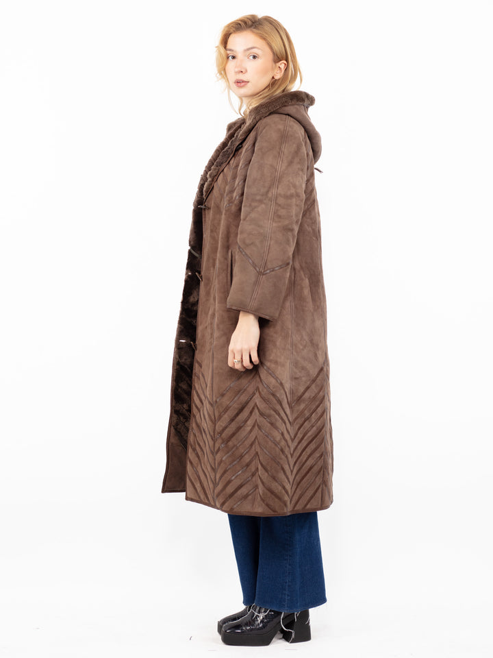 Vintage 80's Women Hooded Sheepskin Long Coat in Brown