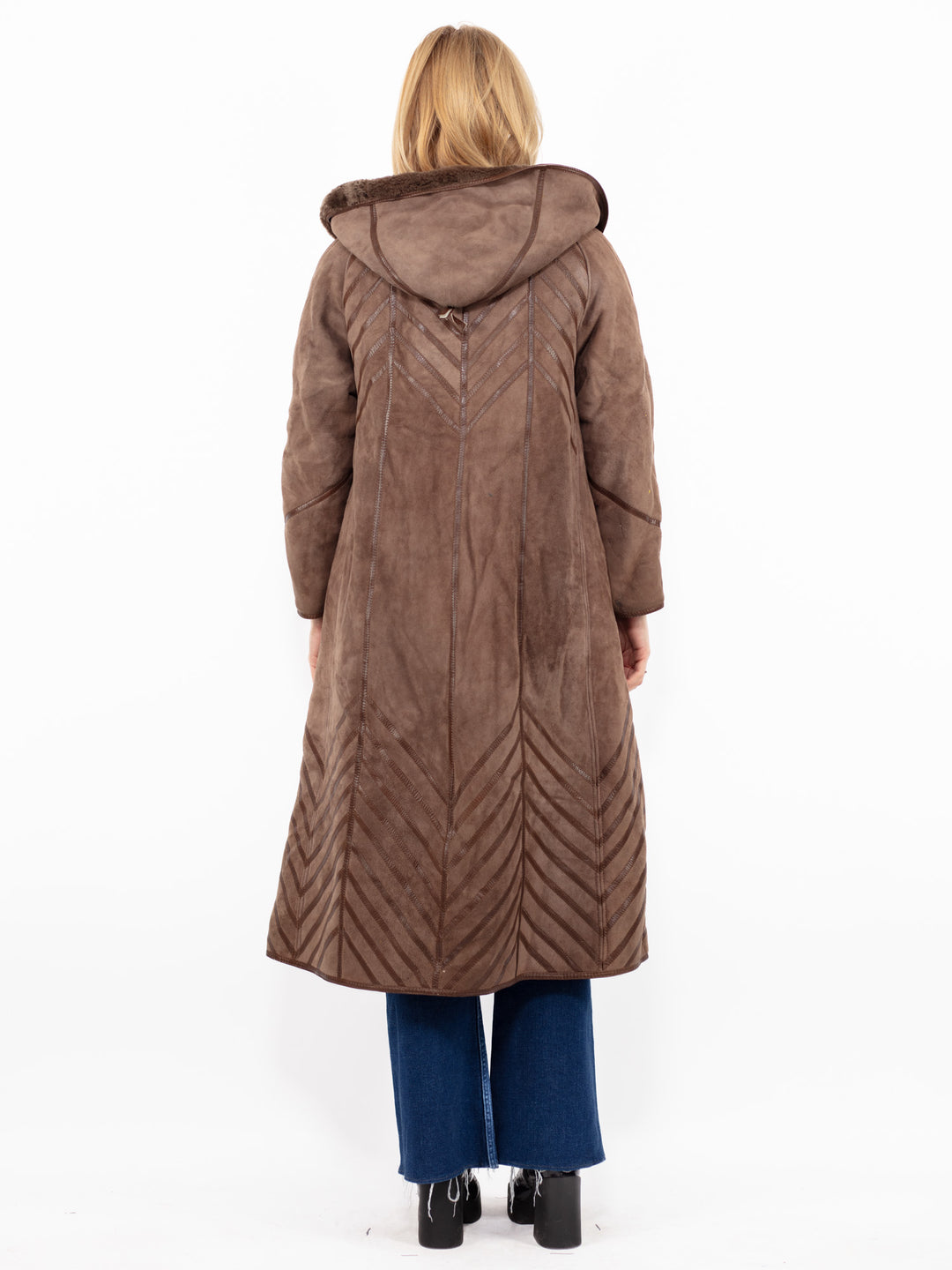 Vintage 80's Women Hooded Sheepskin Long Coat in Brown