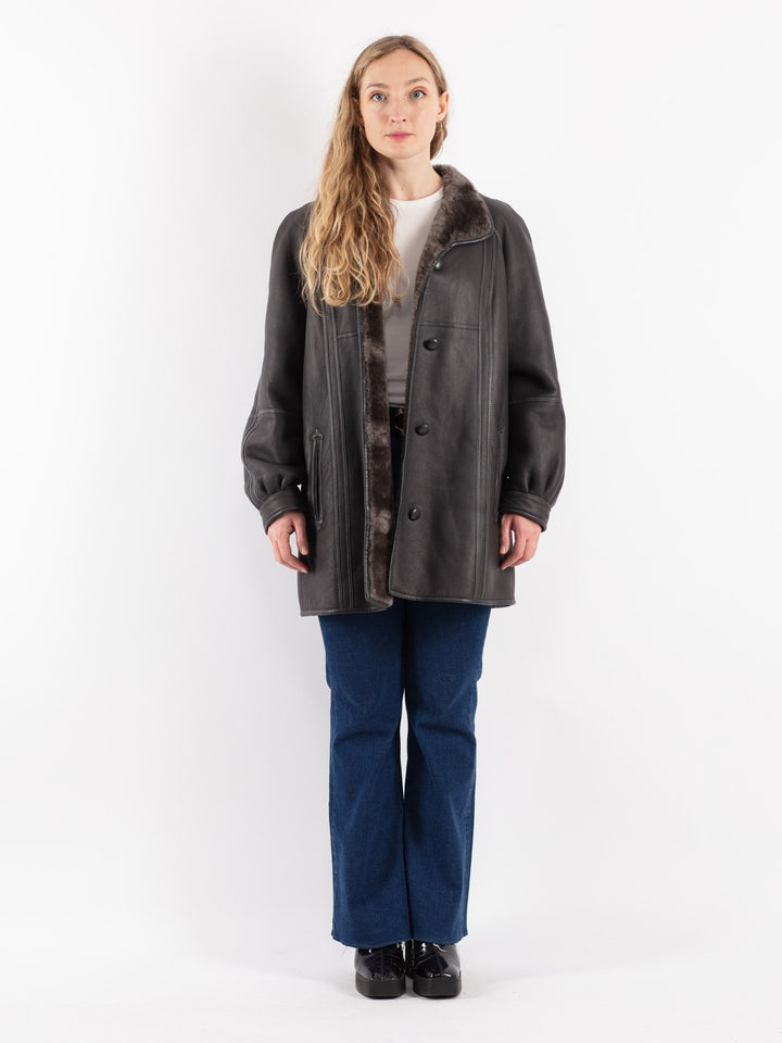 Vintage 80's Women Sheepskin Shearling Coat in Gray