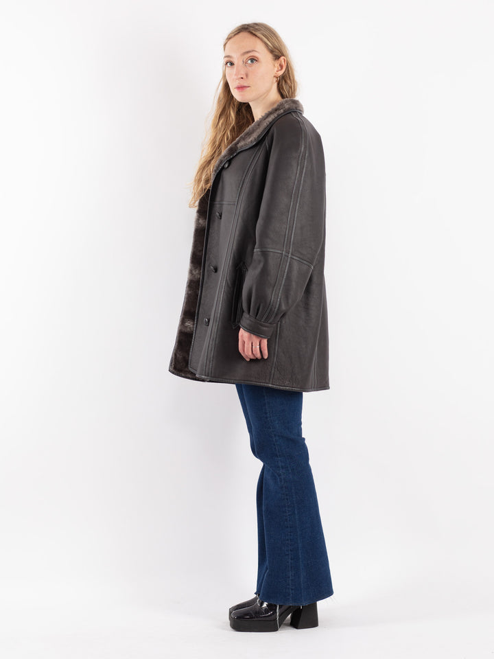 Vintage 80's Women Sheepskin Shearling Coat in Gray