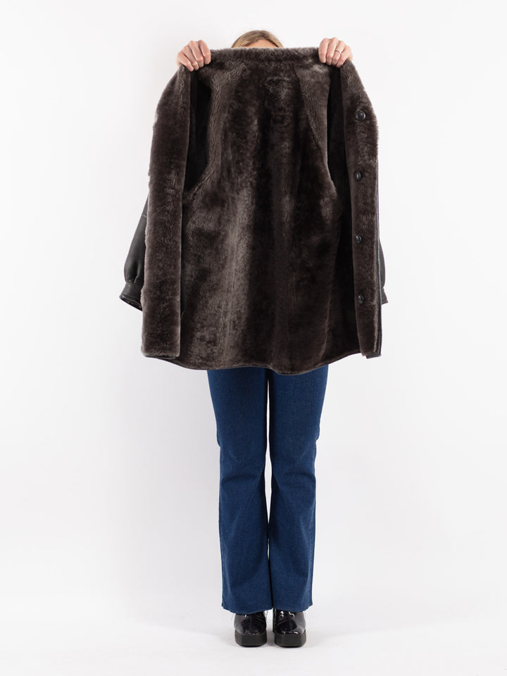 Vintage 80's Women Sheepskin Shearling Coat in Gray