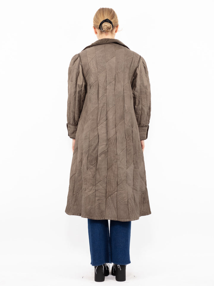 Vintage 80's Women Sheepskin Long Coat in Gray Beige