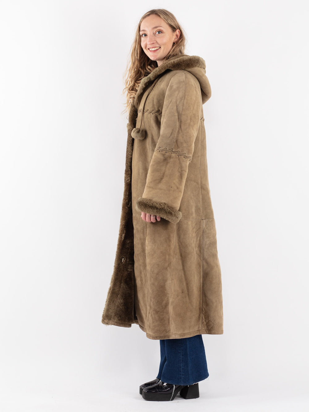 Vintage 80's Women Sheepskin Coat in Green