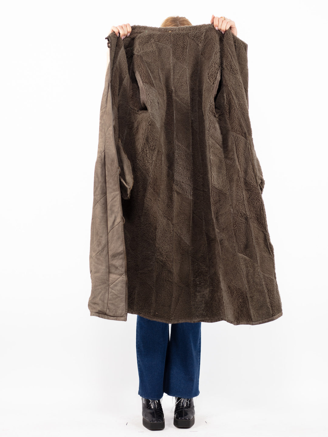 Vintage 80's Women Sheepskin Long Coat in Gray Beige