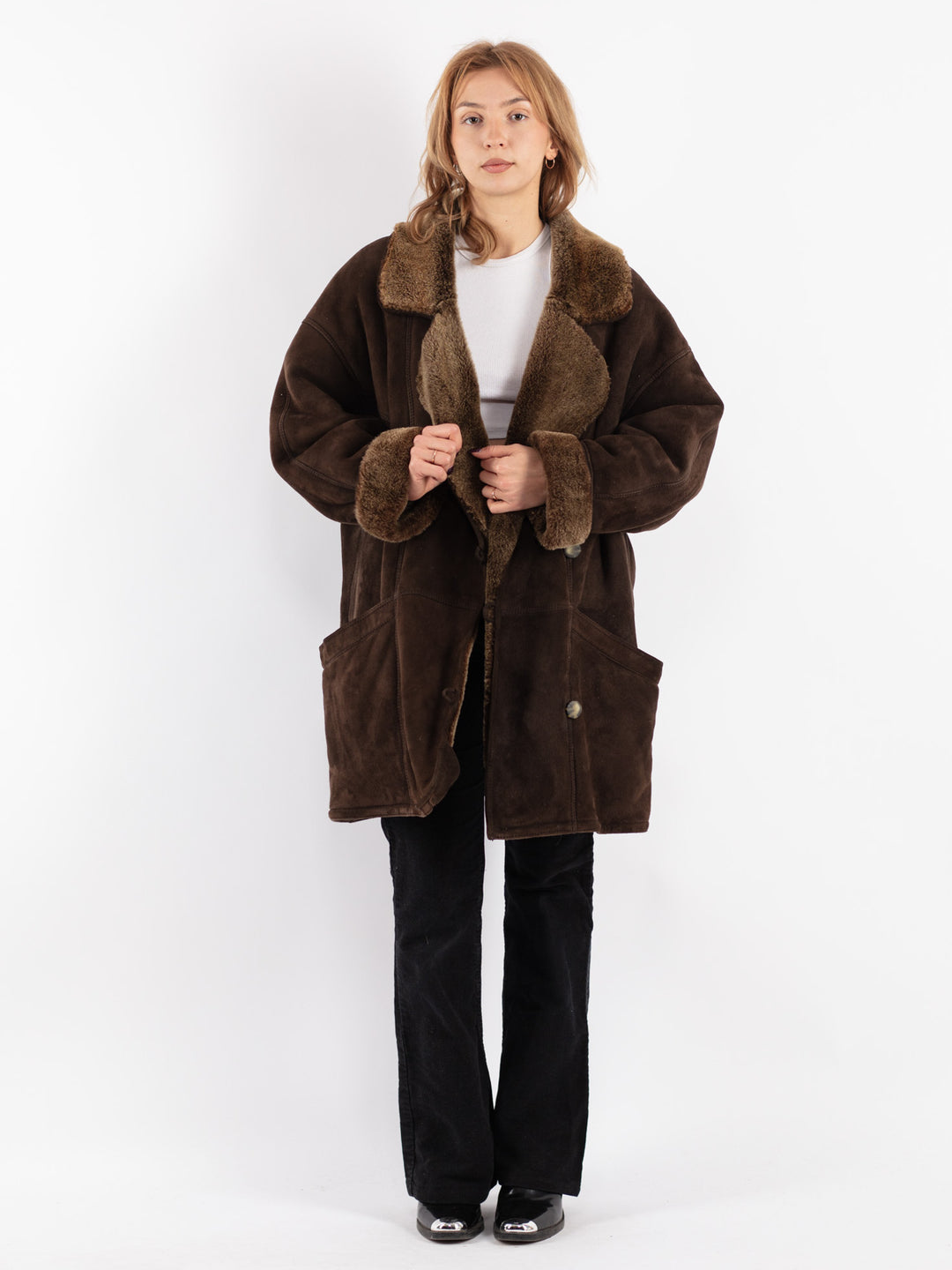 Vintage 80's Women Sheepskin Coat in Brown