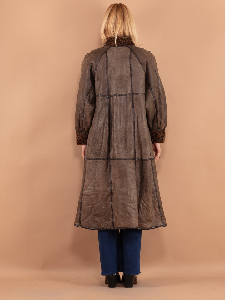 Vintage 80's Women Sheepskin Long Coat in Brown