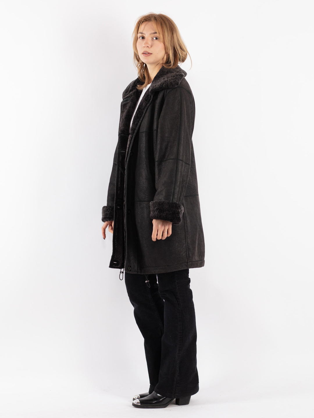 Vintage 80's Women Sheepskin Shearling Coat in Black