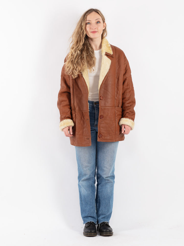 Vintage 80's Women Sheepskin Shearling Coat in Brown