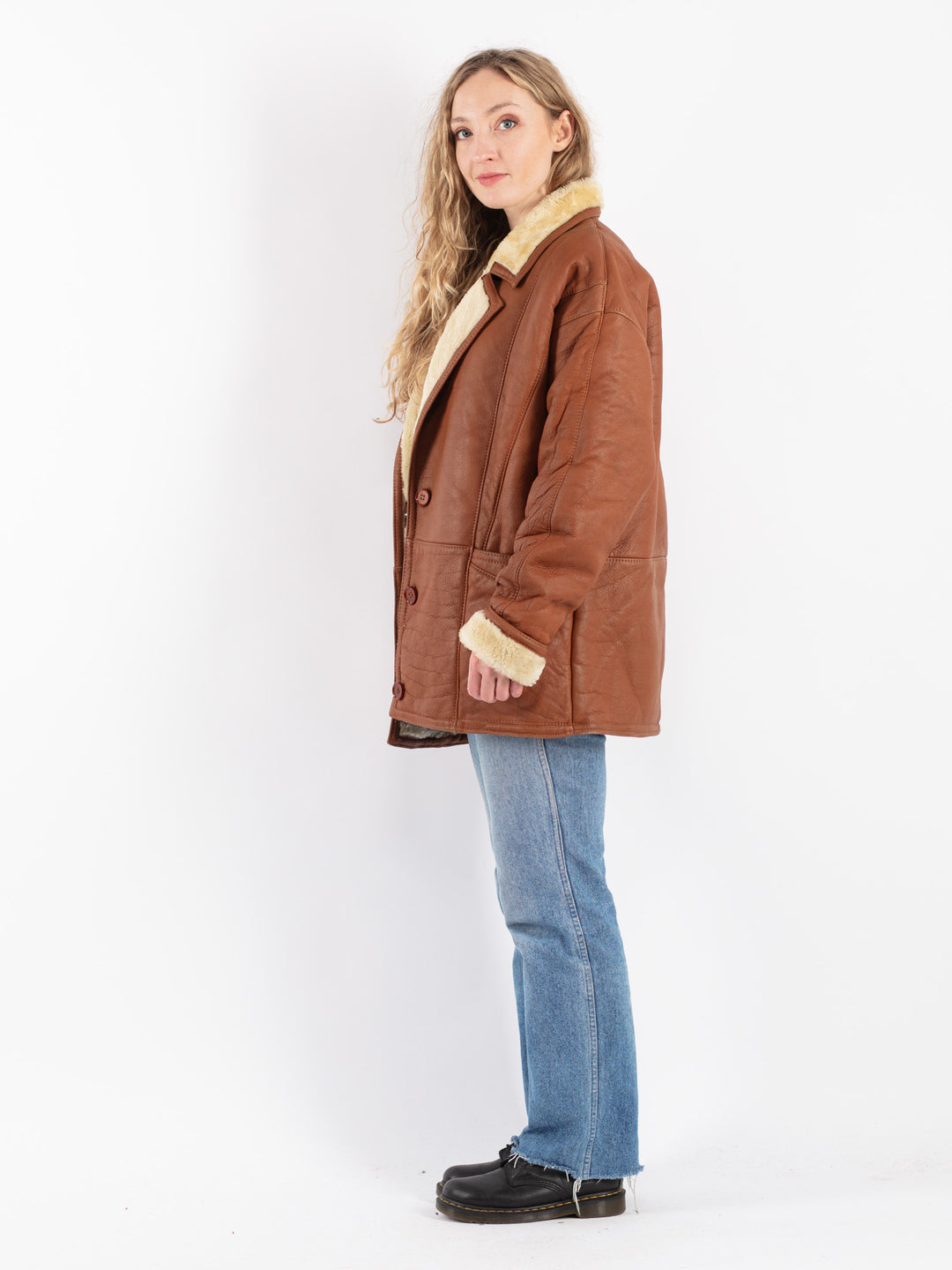 Vintage 80's Women Sheepskin Shearling Coat in Brown