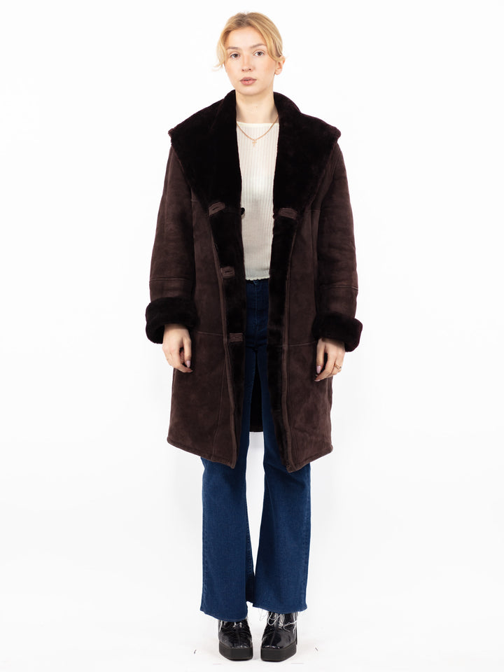 Vintage 80's Women Hooded Sheepskin Coat in Burgundy Brown