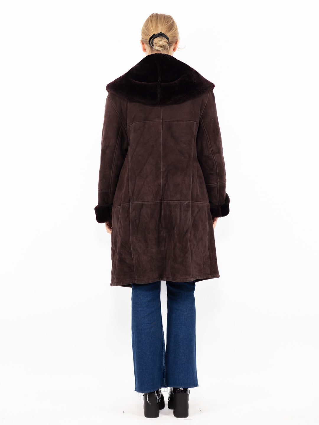 Vintage 80's Women Hooded Sheepskin Coat in Burgundy Brown