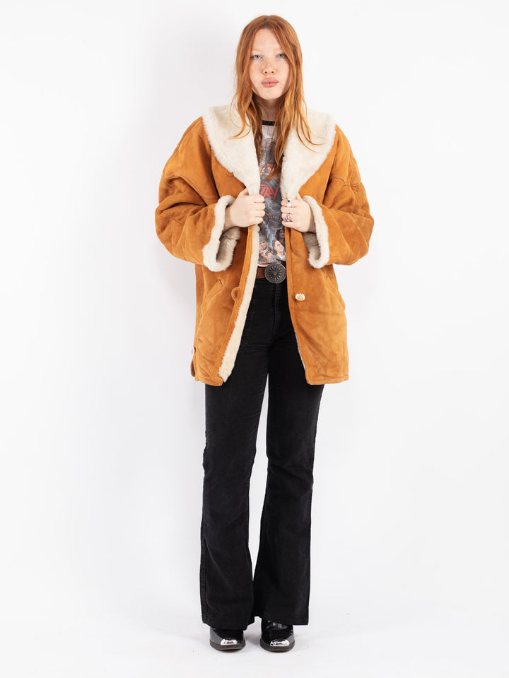 Vintage 80's Women Sheepskin Shearling Coat in Brown