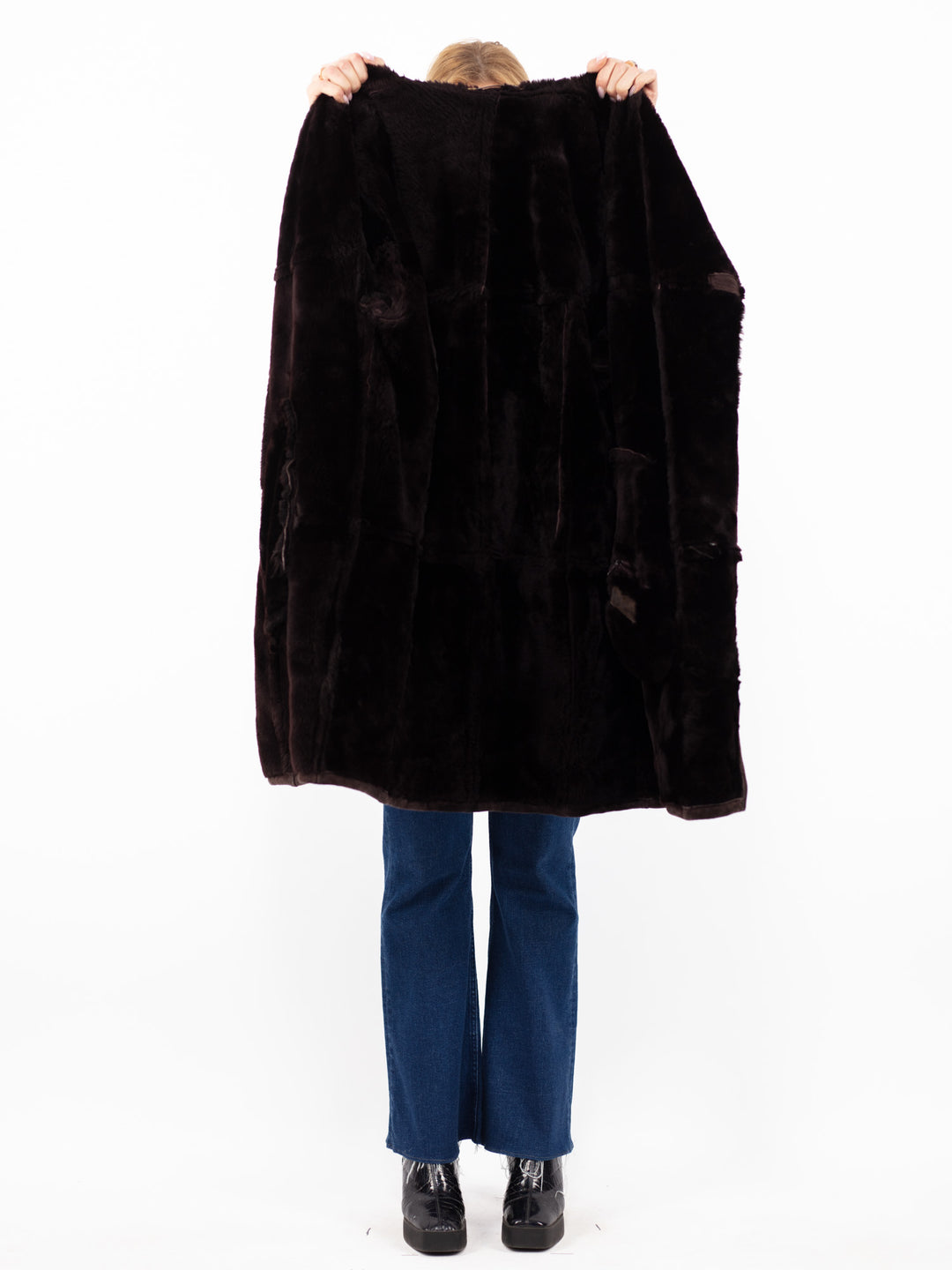 Vintage 80's Women Hooded Sheepskin Coat in Burgundy Brown