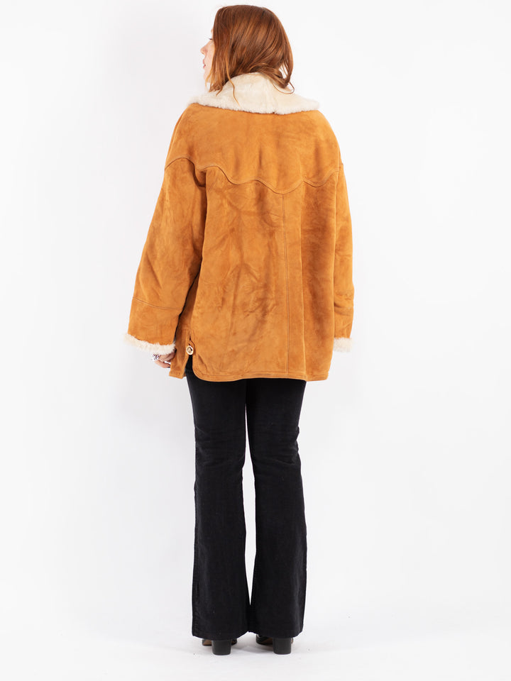 Vintage 80's Women Sheepskin Shearling Coat in Brown