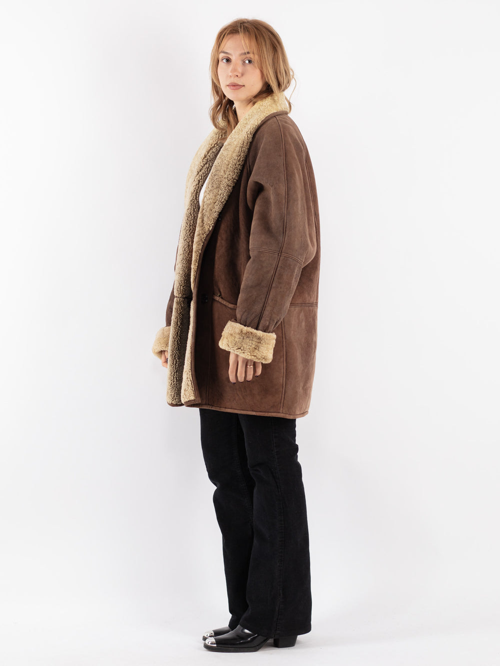 Vintage 80's Women Sheepskin Coat in Brown