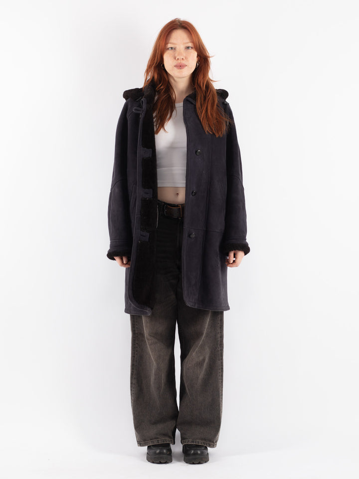 Vintage 80's Women Sheepskin Coat in Blue