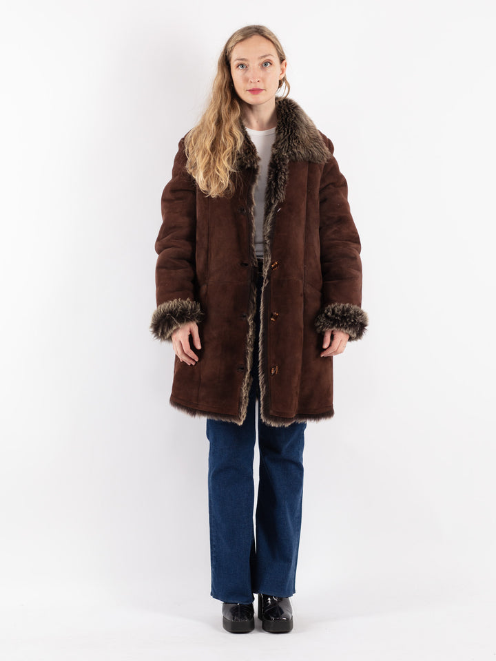 Vintage 80's Women Sheepskin Shearling Coat in Brown