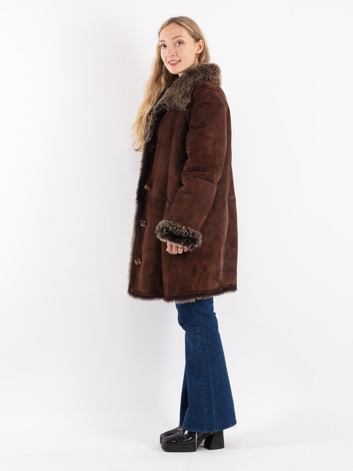 Vintage 80's Women Sheepskin Shearling Coat in Brown