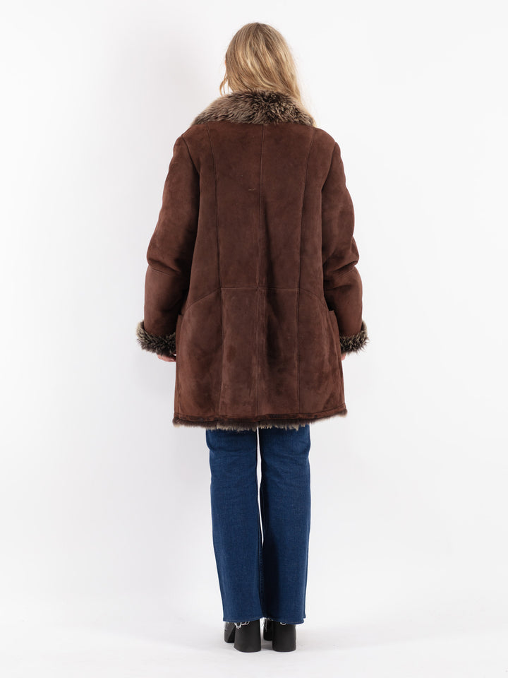 Vintage 80's Women Sheepskin Shearling Coat in Brown