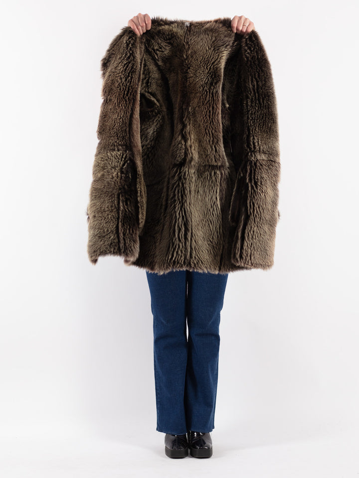 Vintage 80's Women Sheepskin Shearling Coat in Brown