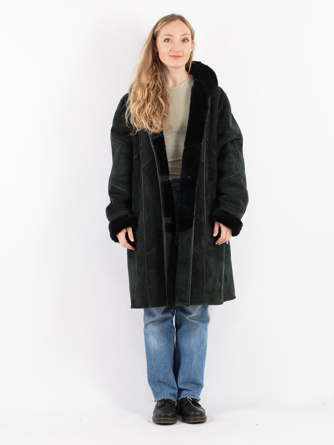 Vintage 80's Women Sheepskin Coat in Green