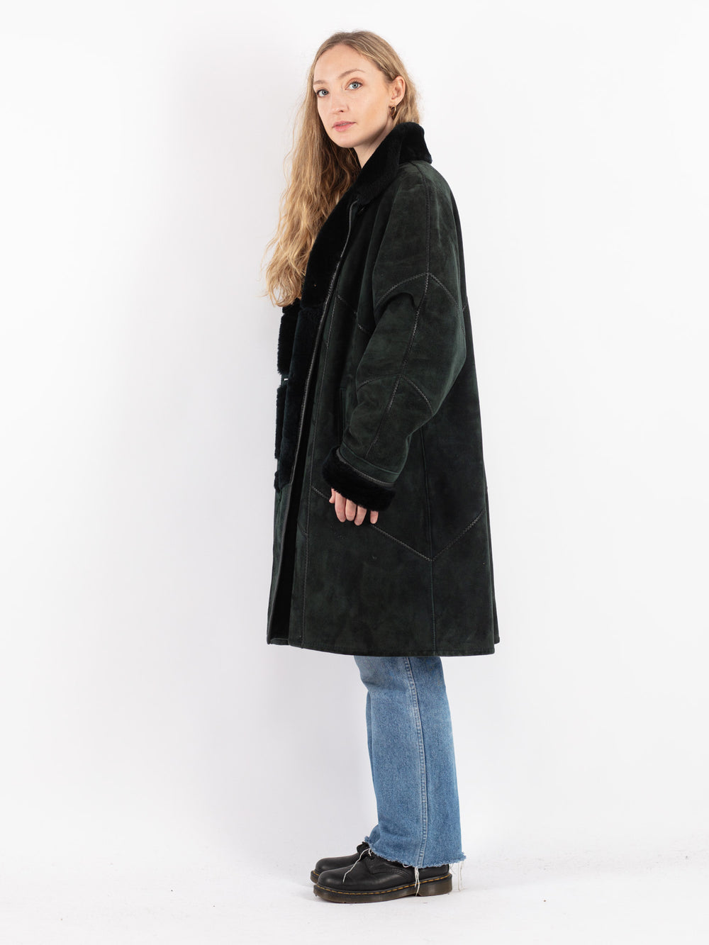Vintage 80's Women Sheepskin Coat in Green