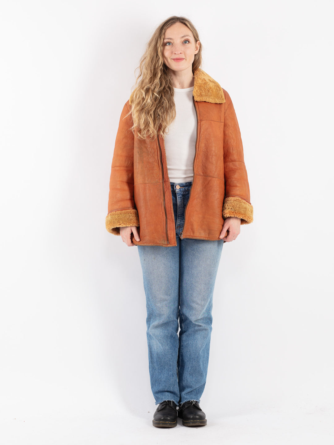 Vintage 90's Women Sheepskin Coat in Orange