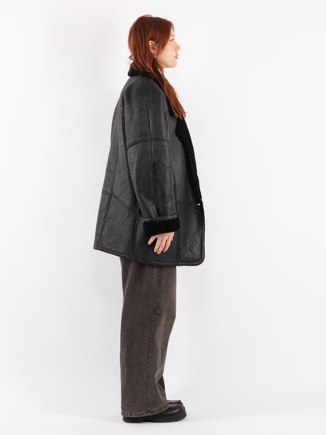 Vintage 80's Women Sheepskin Shearling Coat in Black