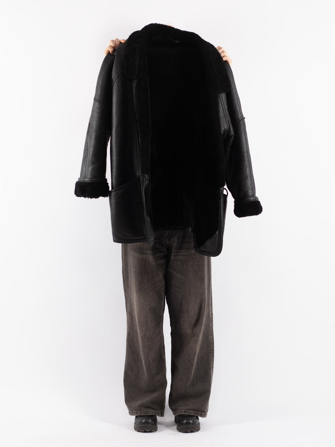 Vintage 80's Women Sheepskin Shearling Coat in Black