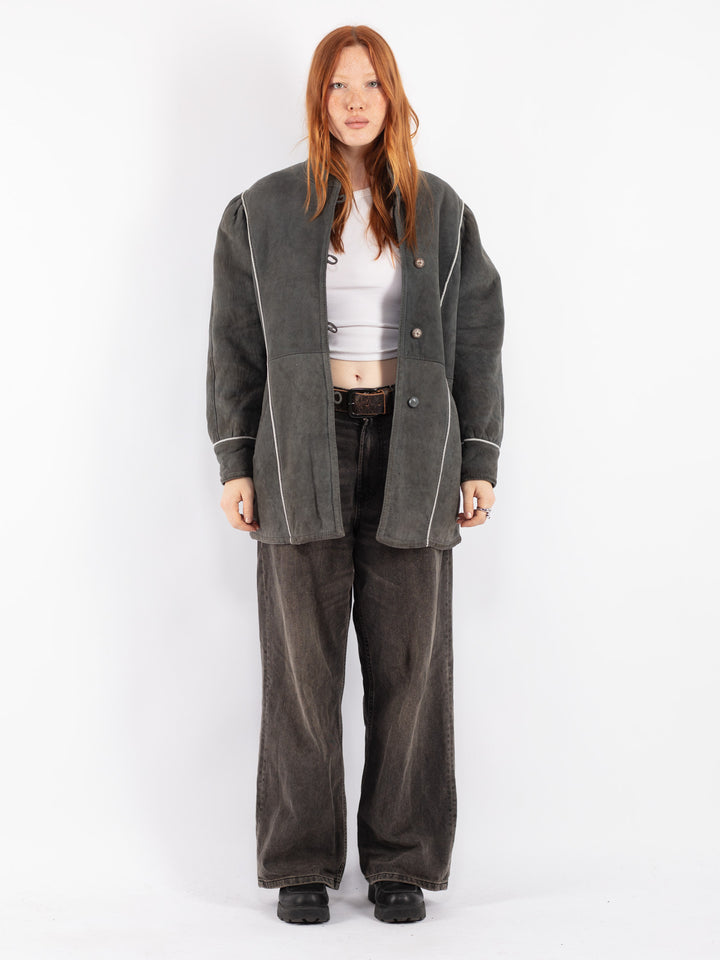 Vintage 80's Women Sheepskin Shearling Coat in Gray