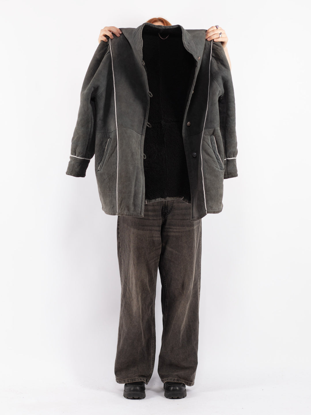 Vintage 80's Women Sheepskin Shearling Coat in Gray