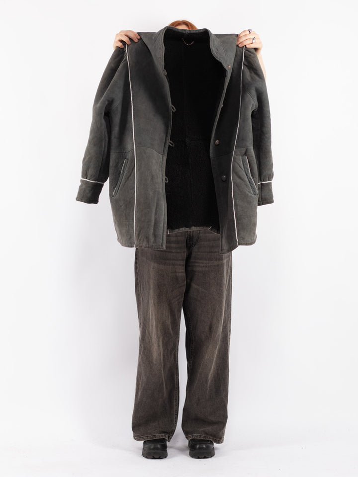 Vintage 80's Women Sheepskin Shearling Coat in Gray