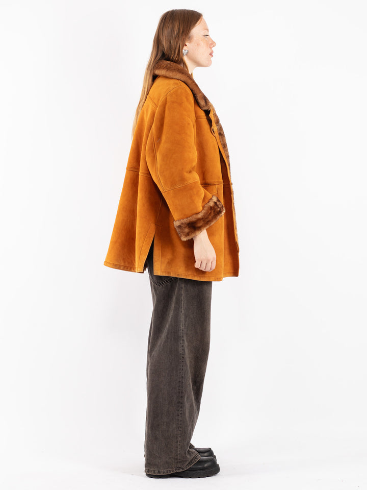 Vintage 80's Women Sheepskin Shearling Coat in Brown